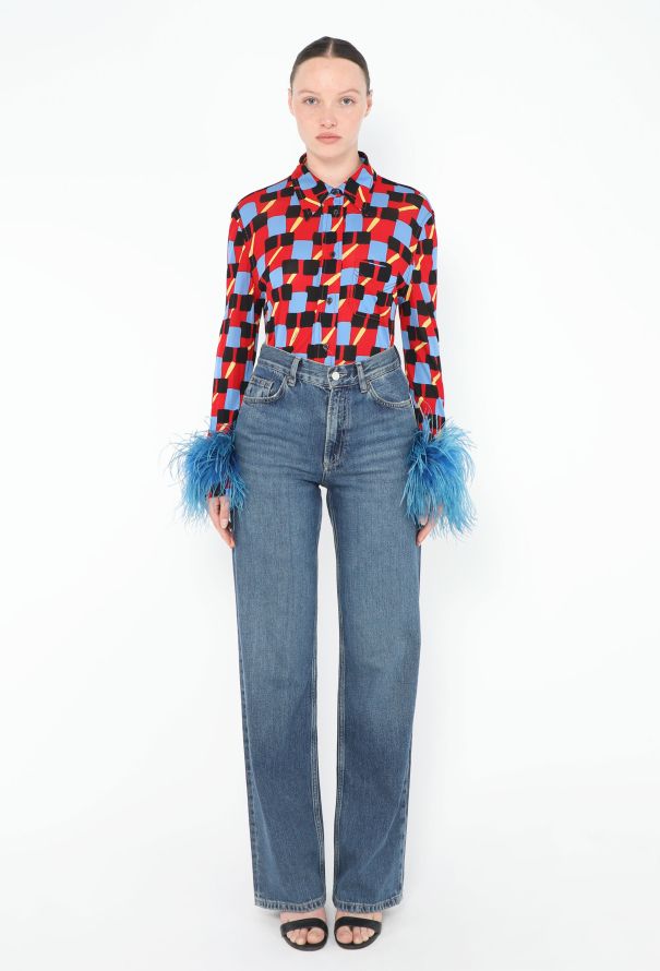 Prada S/S 2017 Graphic Ostrich Trim Blouse - 4