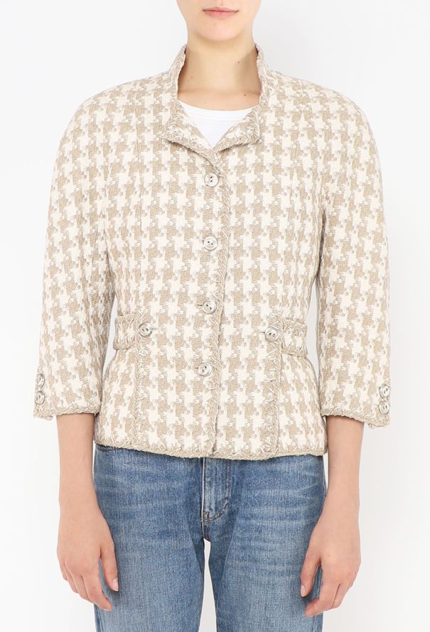 Chanel 2008 Houndstooth Beige Silk Tweed Jacket - 1