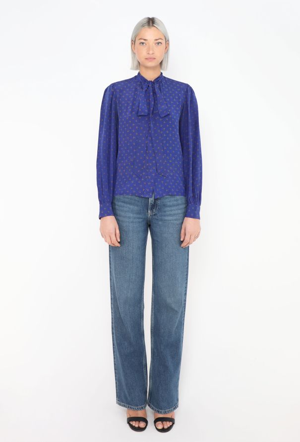 Saint Laurent Blue Floral Silk Lavallière Blouse, Circa 1980s - 3