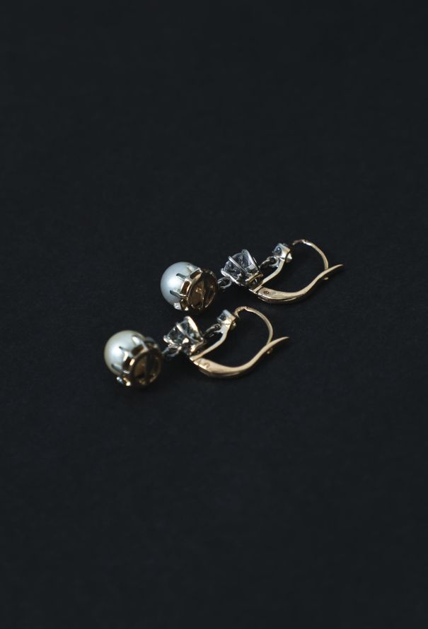 Vintage Fine Jewelry Art Deco 18k Gold Pearl & Diamond Sleeper Earrings - 4