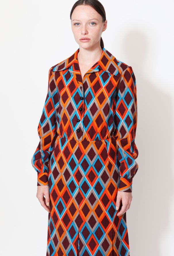 Saint Laurent 70s Diamond Print Wool Day Dress - 3
