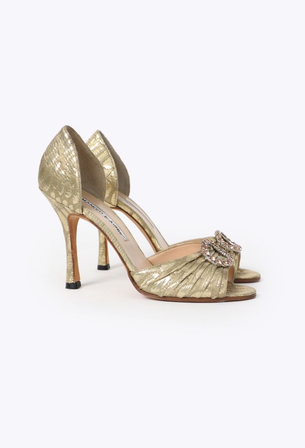 Manolo Blahnik Sedaraby Golden Metallic Peep-Toe Pumps - 3