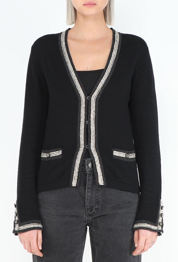 Chanel Black Cashmere Lamé Trim Cardigan - 1