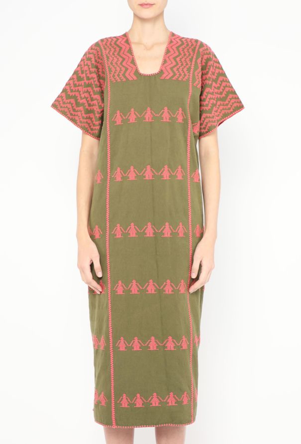 World Treasures Authentic Mexican Embroidered Green Cotton Kaftan - 2