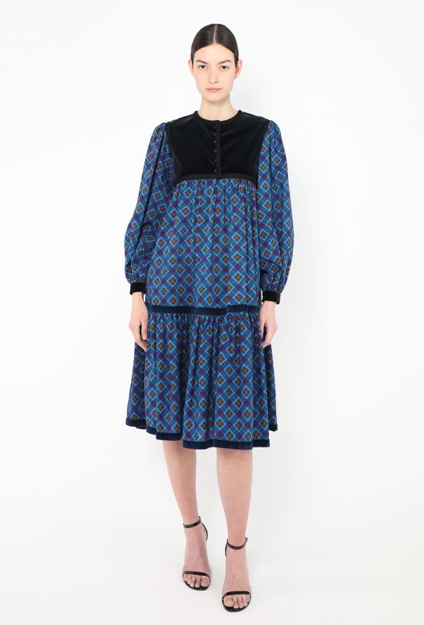Saint Laurent Collector F/W 1977 Checkered Velvet Russian Dress Blue - 5