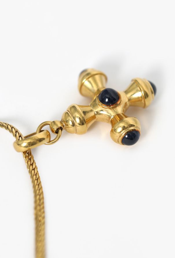 Vintage Fine Jewelry 18K Yellow Gold & Sapphire Cabochon Greek Cross Necklace - 3