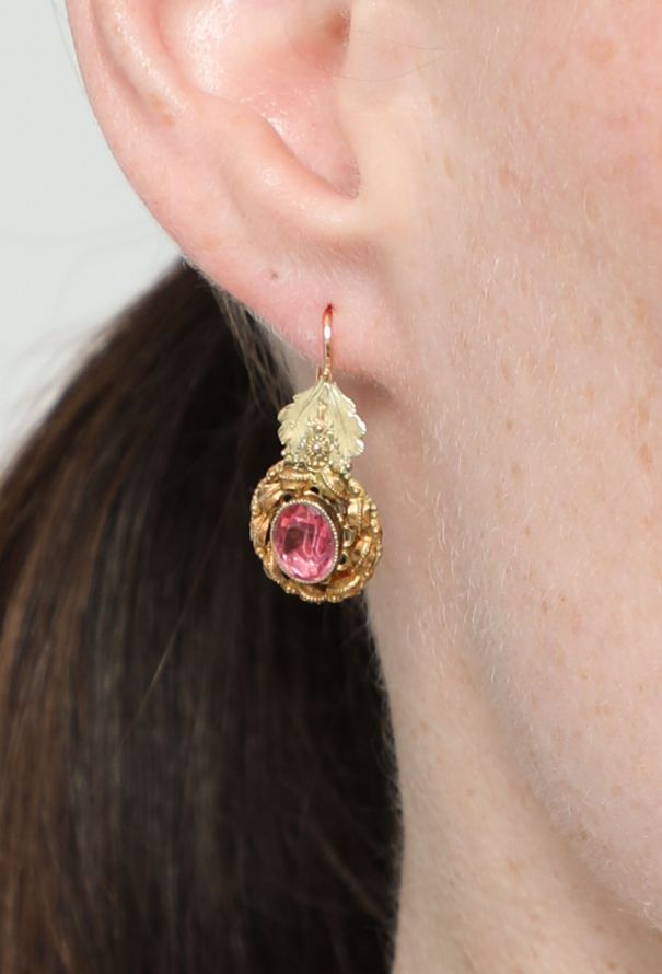 Vintage Fine Jewelry Antique 18k Gold & Pink Stone Mono Earring - 3