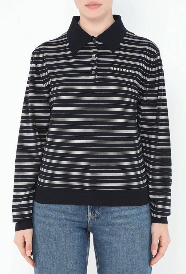 Miu Miu 2024 Striped Logo Polo Top Navy - 1