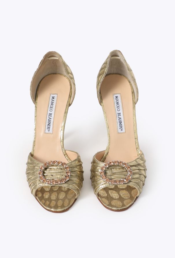 Manolo Blahnik Sedaraby Golden Metallic Peep-Toe Pumps - 2