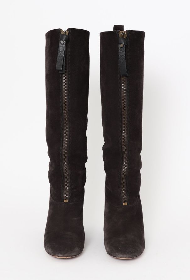 Chloé Brown Suede Front-Zip Knee-High Boots - 2
