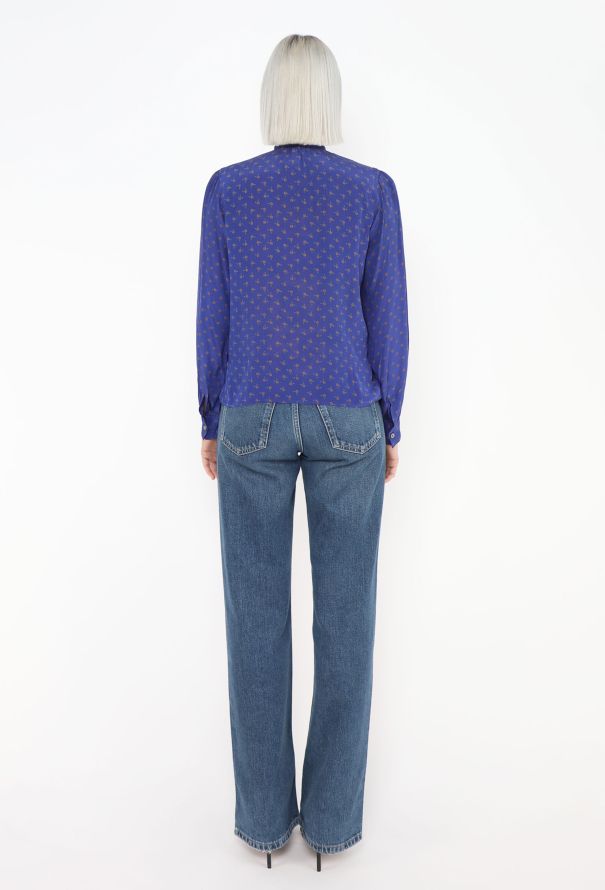 Saint Laurent Blue Floral Silk Lavallière Blouse, Circa 1980s - 4