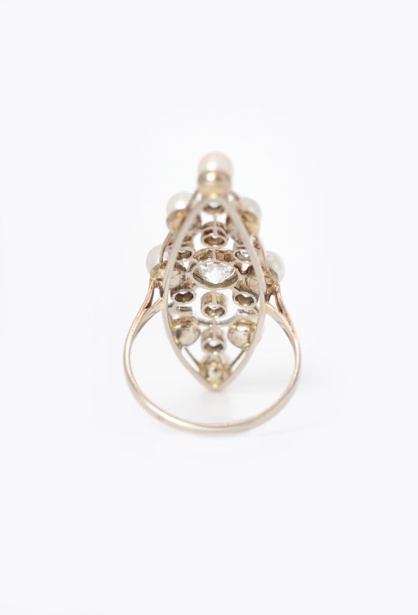 Vintage Fine Jewelry 18k White Gold, Pearl & Diamond Marquise Ring - 5