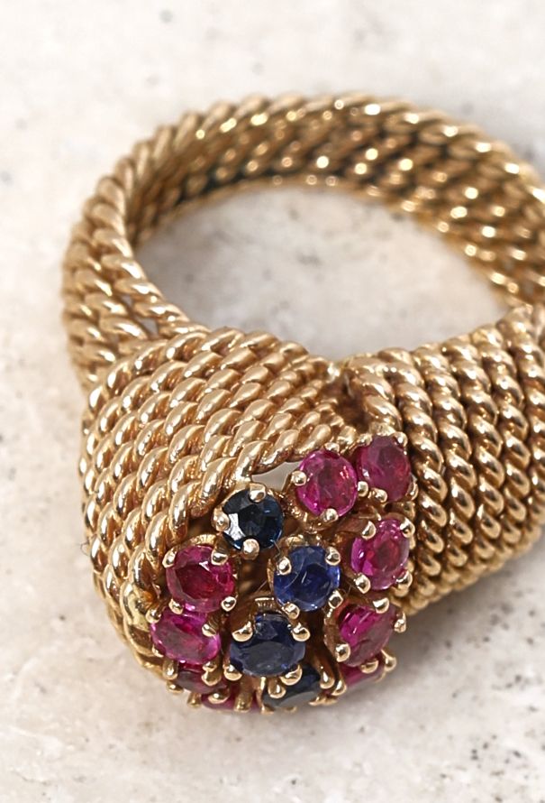 Vintage Fine Jewelry 18k Yellow Gold, Ruby & Sapphire Knot Ring - 6