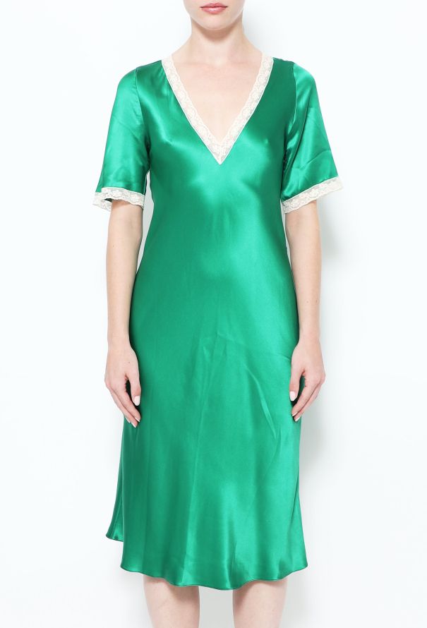 Sabbia Rosa  Lace Trim Silk Slip Dress Green - 1