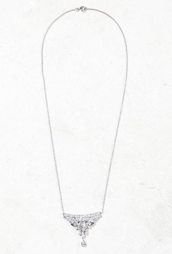 Vintage Fine Jewelry Platinum, 18k White Gold, Diamond and Emerald Necklace - 2