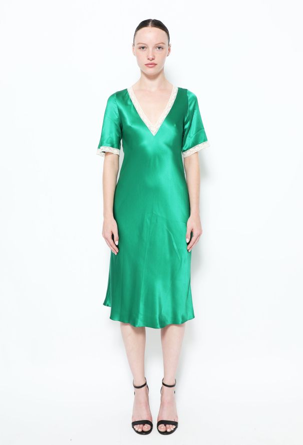 Sabbia Rosa  Lace Trim Silk Slip Dress Green - 2