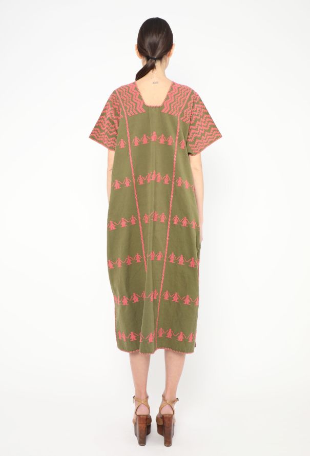World Treasures Authentic Mexican Embroidered Green Cotton Kaftan - 5