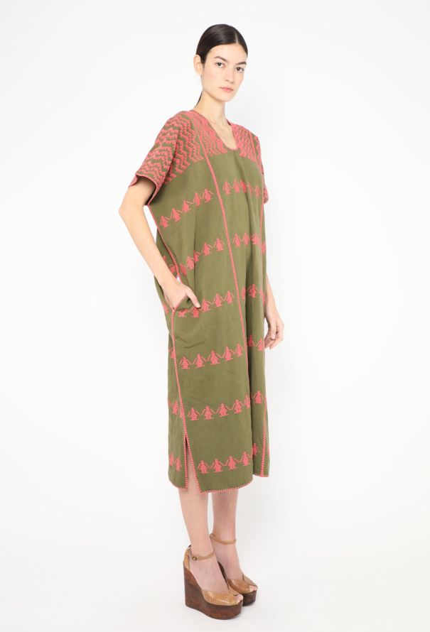 World Treasures Authentic Mexican Embroidered Green Cotton Kaftan - 4