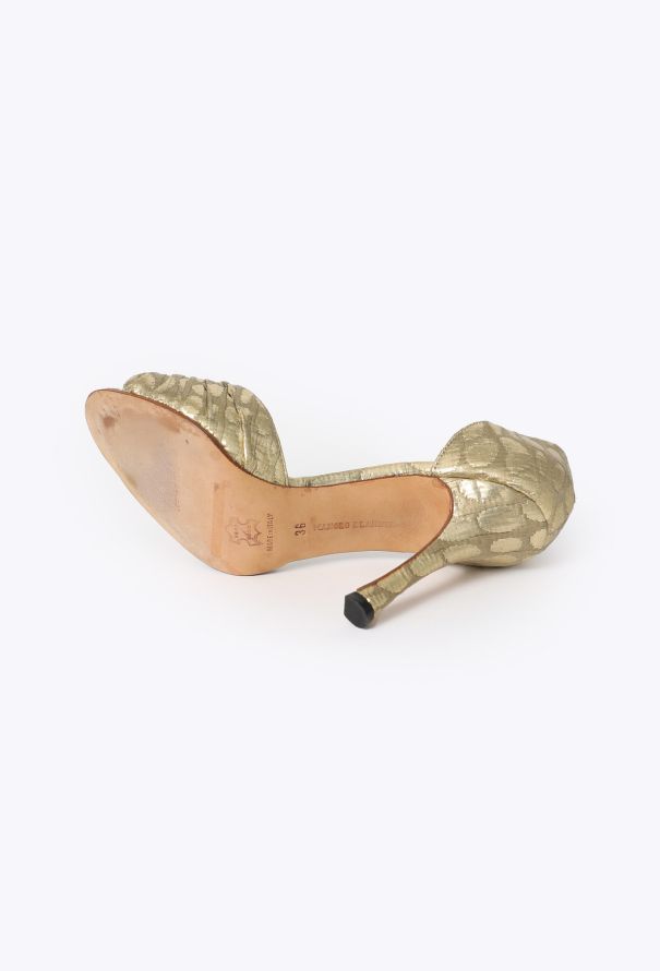 Manolo Blahnik Sedaraby Golden Metallic Peep-Toe Pumps - 5