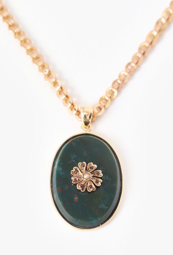 Vintage Fine Jewelry Antique 18k Yellow Gold & Jaspe Sanguin Floral Necklace - 3