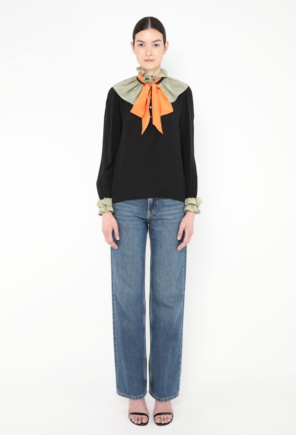 Saint Laurent '80s Ruffled Colorblock Lavallière Blouse - 4