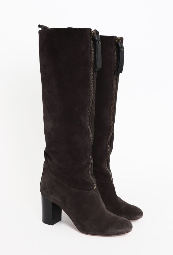 Chloé Brown Suede Front-Zip Knee-High Boots - 3