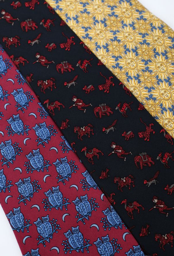 Hermès Trio of Vintage Ties blue, red, black & yellow - 3