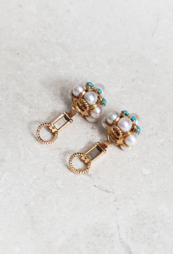 Vintage Fine Jewelry 18k Gold, Pearl and Turquoise Clip Earrings - 4