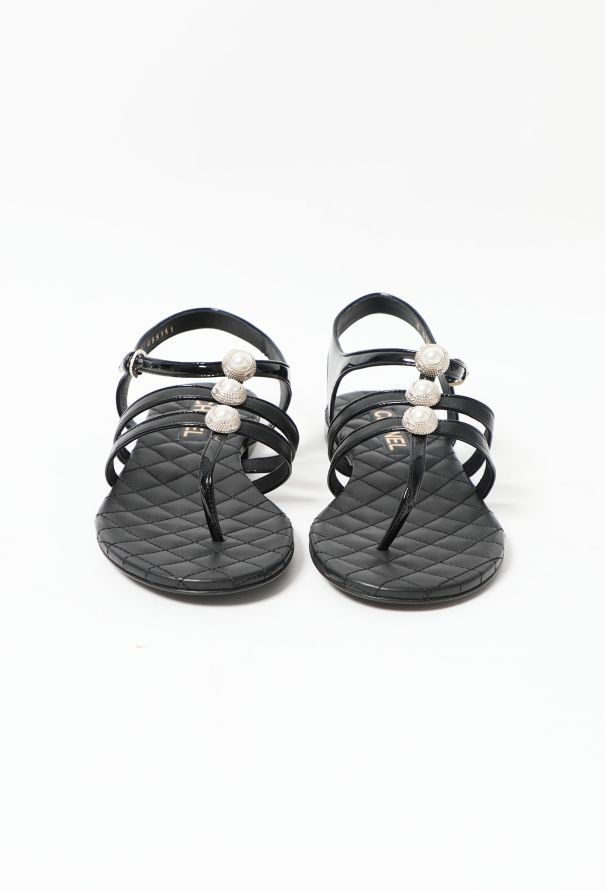 Chanel 2022 Pearl Embellished Leather Sandals - 3