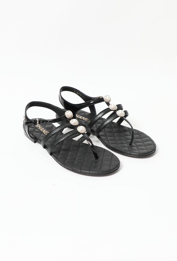 Chanel 2022 Pearl Embellished Leather Sandals - 2