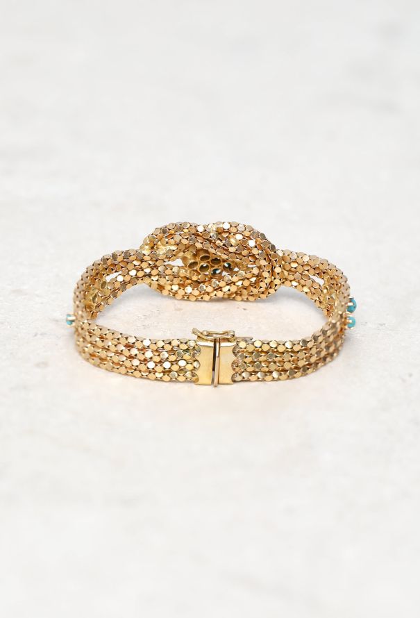 Vintage Fine Jewelry 18k Yellow Gold & Turquoise Mesh Knot Bracelet - 5