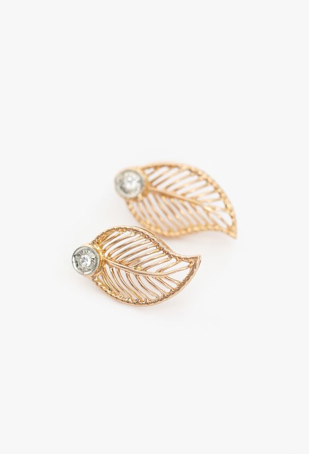 Vintage Fine Jewelry 18K Rose Gold Leaf Diamond Earrings - 3