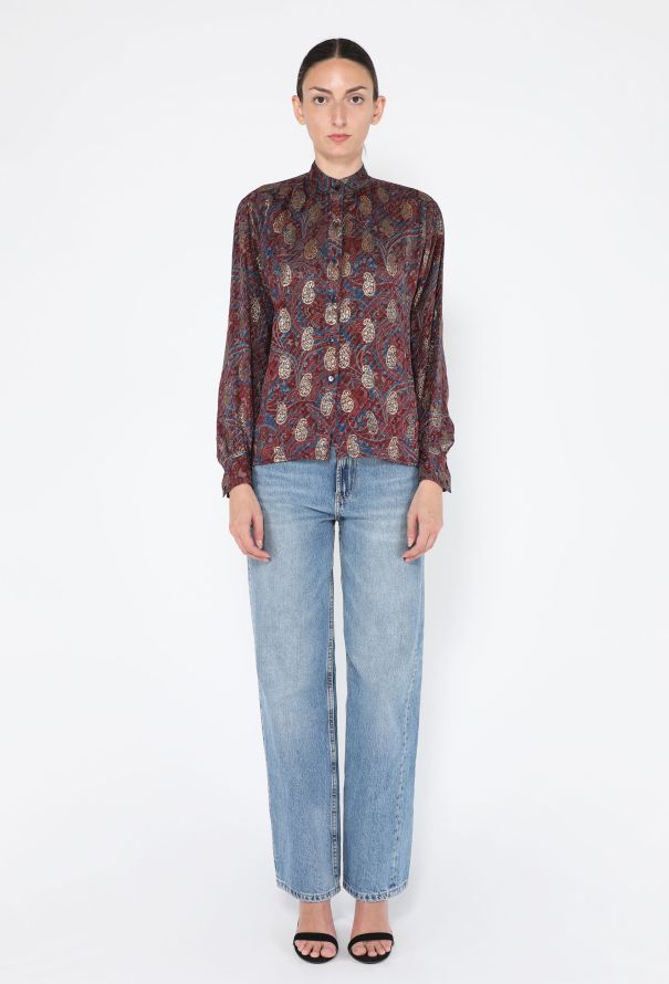 Saint Laurent Paisley Print Lamé Blouse, 1970s - 5
