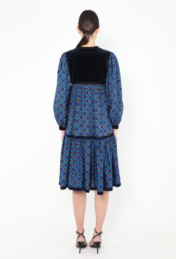 Saint Laurent Collector F/W 1977 Checkered Velvet Russian Dress Blue - 6