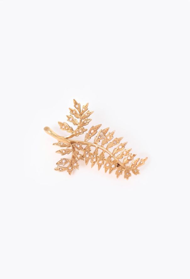 Vintage Fine Jewelry 18k Yellow Gold & Pearl Leaf Brooch - 2