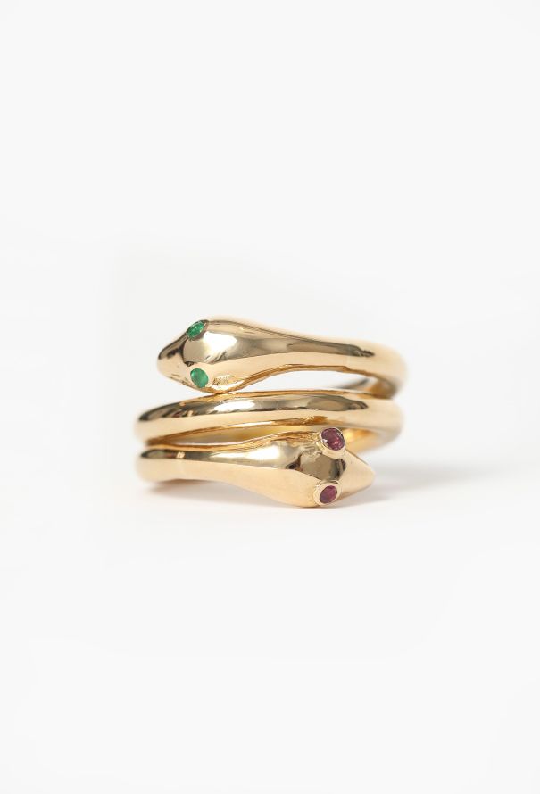 Vintage Fine Jewelry 18k Yellow Gold, Emerald & Ruby Snake Ring - 1