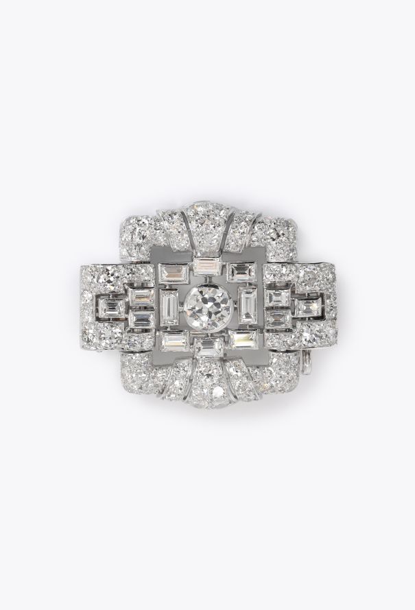 Vintage Fine Jewelry Art Déco 18k White Gold, Platinum & 3 Carats Diamond Brooch - 1