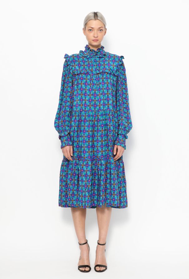 Saint Laurent RARE F/W 1980 Printed Smock Dress Blue - 1