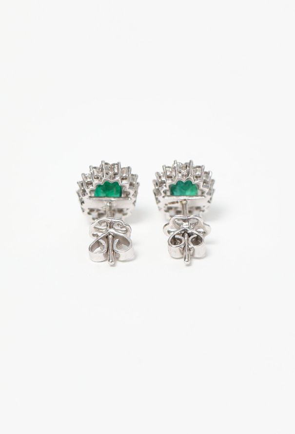 Modern Fine Jewelry 18k White Gold Diamond Halo Earrings with Zambian Emeralds - 4