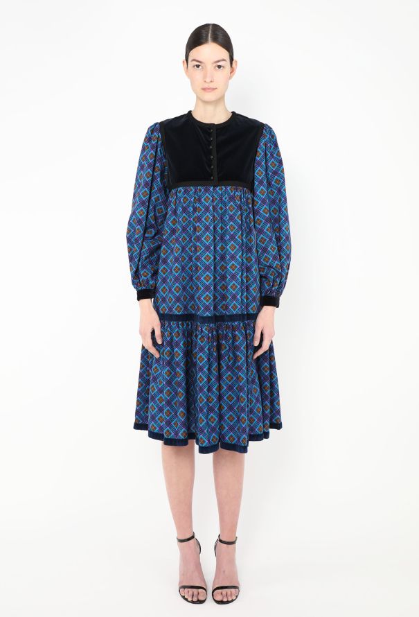 Saint Laurent Collector F/W 1977 Checkered Velvet Russian Dress Blue - 1