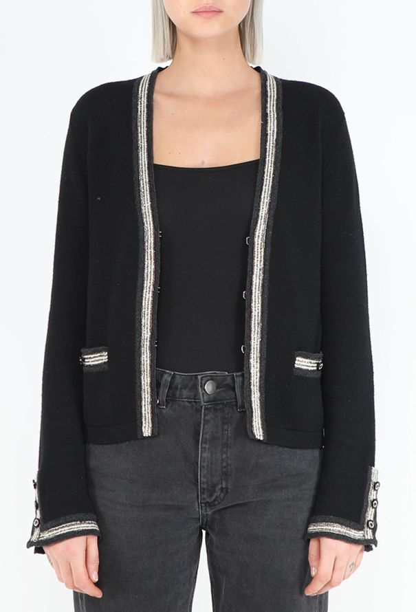 Chanel Black Cashmere Lamé Trim Cardigan - 4
