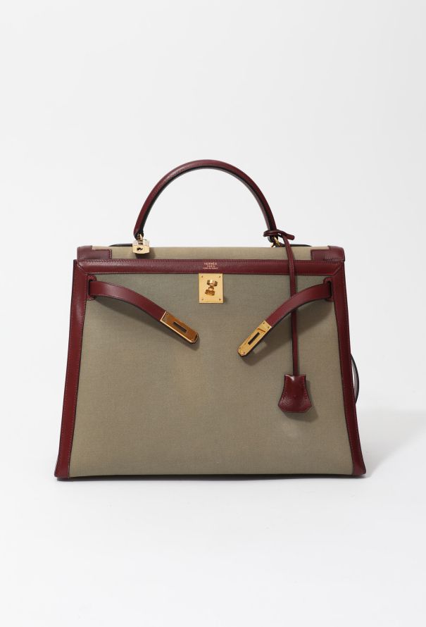 Hermès Exceptional 1994 Khaki Toile and Rouge H Box Kelly Sellier 35 - 5